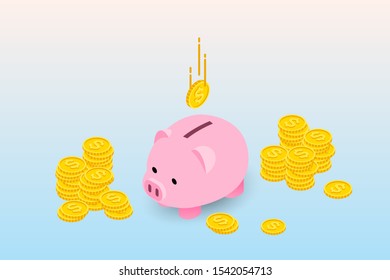 Isometric design of piggy bank with coins and falling coin. The money collecting concept, deposit for future invesment in financial institution.