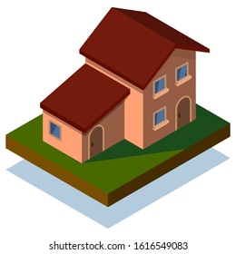 Isometric design of a pink house with a red roof. Isolated on a white background. Vector illustration.