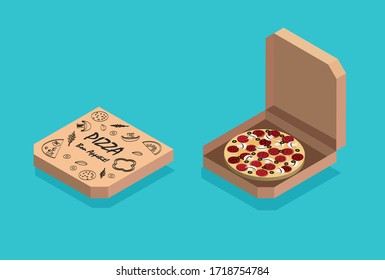 Isometric design pizza box isolated on blue background. Traditional italian food. Package or box icon. Delivery of pizza. Vector illustration.