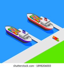 isometric design port and 2 cargo ships. for logistics transportation