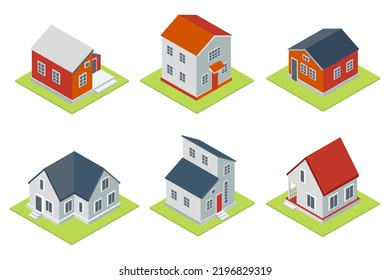 Isometric design of a private house. Isometric buildings set. Vector illustration Urban and Rural Houses collection