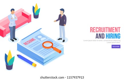 Isometric design for responsive web banner, people or employer discuss to each other, resume analysis for hiring or recruitment concept.
