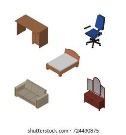 Isometric Design Set Of Bedstead, Table, Drawer And Other Vector Objects. Also Includes Sofa, Couch, Desk Elements.