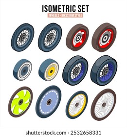 Conjunto de design isométrico de Bike Wheels Estilo com várias cores e variações