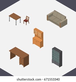 Isometric Design Set Of Chair, Couch, Cupboard And Other Vector Objects. Also Includes Furniture, Sideboard, Wardrobe Elements.