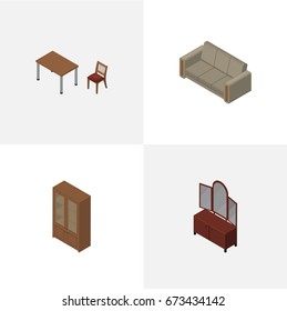 Isometric Design Set Of Chair, Couch, Drawer And Other Vector Objects. Also Includes Sofa, Sideboard, Locker Elements.