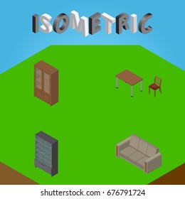 Isometric Design Set Of Chair, Couch, Sideboard And Other Vector Objects. Also Includes Furniture, Table, Settee Elements.