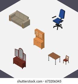 Isometric Design Set Of Chair, Drawer, Cupboard And Other Vector Objects. Also Includes Wardrobe, Couch, Cupboard Elements.