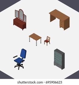 Isometric Design Set Of Chair, Table, Office And Other Vector Objects. Also Includes Office, Chair, Desk Elements.