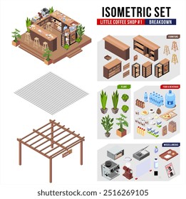 Isometric Design Set of Coffee Shop, with all items include per item and detailed, plants, coffee items, rack, table, and many miscellaneous items