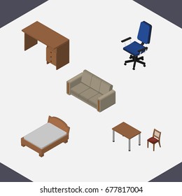 Isometric Design Set Of Couch, Chair, Bedstead And Other Vector Objects. Also Includes Armchair, Bed, Chair Elements.
