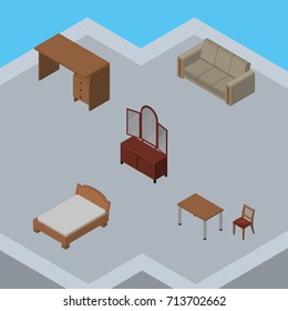 Isometric Design Set Of Couch, Chair, Bedstead And Other Vector Objects. Also Includes Mirror, Sideboard, Bed Elements.