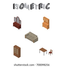 Isometric Design Set Of Couch, Drawer, Cabinet And Other Vector Objects. Also Includes Sideboard, Chair, Table Elements.