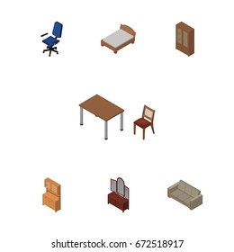 Isometric Design Set Of Cupboard, Cabinet, Bedstead And Other Vector Objects. Also Includes Sofa, Table, Sideboard Elements.