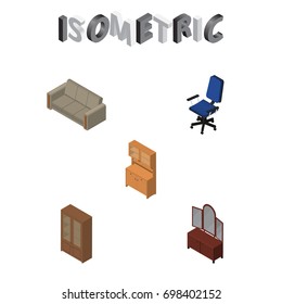 Isometric Design Set Of Cupboard, Drawer, Office And Other Vector Objects. Also Includes Wardrobe, Cabinet, Sofa Elements.