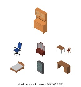 Isometric Design Set Of Cupboard, Office, Sideboard And Other Vector Objects. Also Includes Chair, Bed, Armchair Elements.