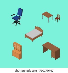 Isometric Design Set Of Cupboard, Office, Chair And Other Vector Objects. Also Includes Bedstead, Closet, Wardrobe Elements.
