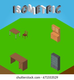 Isometric Design Set Of Cupboard, Table, Chair And Other Vector Objects. Also Includes Wardrobe, Closet, Sideboard Elements.