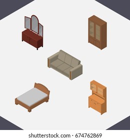 Isometric Design Set Of Drawer, Couch, Cabinet And Other Vector Objects. Also Includes Closet, Cabinet, Couch Elements.
