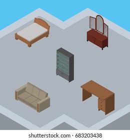Isometric Design Set Of Drawer, Couch, Sideboard And Other Vector Objects. Also Includes Desk, Cabinet, Settee Elements.