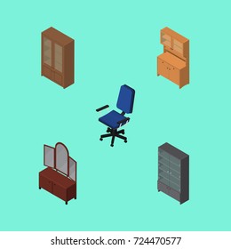 Isometric Design Set Of Drawer, Office, Cabinet And Other Vector Objects. Also Includes Office, Armchair, Closet Elements.