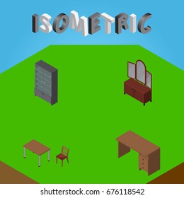 Isometric Design Set Of Drawer, Table, Sideboard And Other Vector Objects. Also Includes Chair, Mirror, Furniture Elements.
