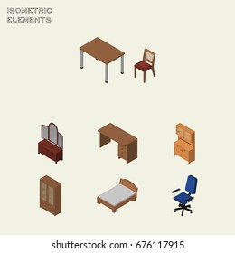 Isometric Design Set Of Office, Drawer, Table And Other Vector Objects. Also Includes Cabinet, Wardrobe, Cupboard Elements.