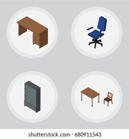 Isometric Design Set Of Office, Table, Sideboard And Other Vector Objects. Also Includes Chair, Office, Table Elements.