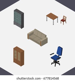 Isometric Design Set Of Sideboard, Cabinet, Couch And Other Vector Objects. Also Includes Table, Couch, Office Elements.