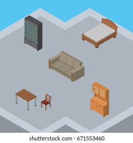 Isometric Design Set Of Sideboard, Chair, Couch And Other Vector Objects. Also Includes Couch, Furniture, Chair Elements.