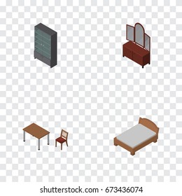 Isometric Design Set Of Sideboard, Chair, Drawer And Other Vector Objects. Also Includes Cabinet, Bedstead, Cupboard Elements.