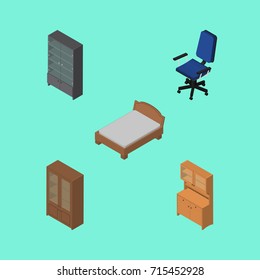 Isometric Design Set Of Sideboard, Cupboard, Cabinet And Other Vector Objects. Also Includes Furniture, Bedstead, Chair Elements.