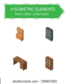 Isometric Design Set Of Sideboard, Cupboard, Cabinet And Other Vector Objects. Also Includes Wardrobe, Desk, Sideboard Elements.