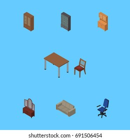 Isometric Design Set Of Sideboard, Office, Cupboard And Other Vector Objects. Also Includes Mirror, Chair, Armchair Elements.