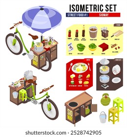 Isometric Design Set of Siomay Seller, Siomay is Indonesian tasty streetfood which is made from fish and peanut sauce. come with all items include the bike, siomay per menu item and detailed