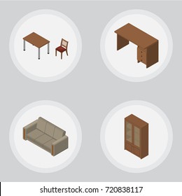 Isometric Design Set Of Table, Cabinet, Chair And Other Vector Objects. Also Includes Cabinet, Drawer, Desk Elements.