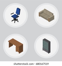 Isometric Design Set Of Table, Couch, Sideboard And Other Vector Objects. Also Includes Sofa, Desk, Drawer Elements.
