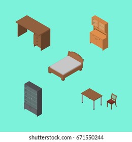 Isometric Design Set Of Table, Sideboard, Cupboard And Other Vector Objects. Also Includes Furniture, Cabinet, Desk Elements.
