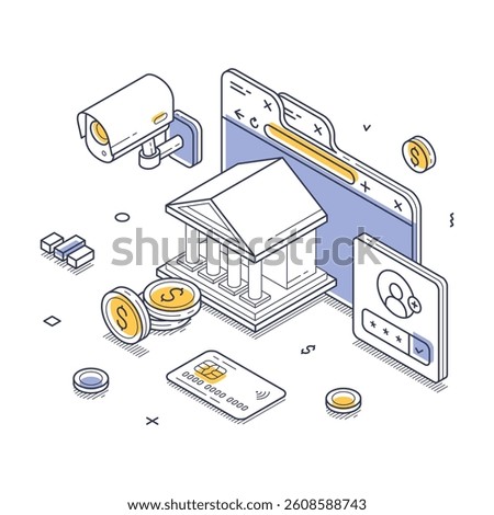 Isometric design showcasing a bank building, surveillance, and digital transactions, highlighting modern financial technology and security systems. Vector illustration