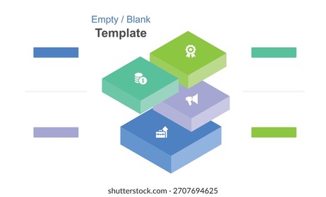 Design isométrico mostrando quatro caixas coloridas empilhadas com ícones que denotam conceitos como crescimento, realização, finanças e marketing. Inclui espaço para títulos e descrições detalhadas.