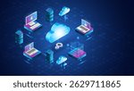 Isometric design showing secure data exchange between cloud, laptops, servers, and mobile devices. Cloud computing and data protection concept with connected devices.