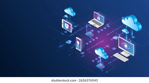 Isometric design showing secure data exchange between cloud, laptops, servers, and mobile devices. Cloud computing and data protection concept with connected devices.