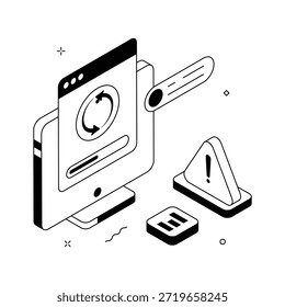 Design isométrico mostrando o alerta de aviso de recarregamento ou atualização do site, ilustração moderna