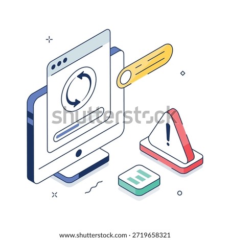 Isometric design showing website reload or refresh warning alert, modern illustration