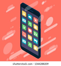 Isometric design. smartphone device icon with applications elements illustration for websites, background or business design.Color Living Coral