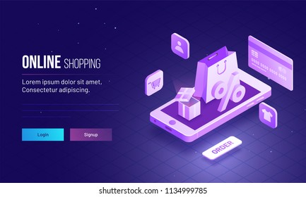 Isometric design of smartphone with shopping bag, gift box, credit or debit card and order button for Online Shopping concept.