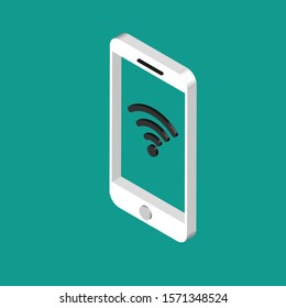 Isometric design of smartphone with wi fi signal on a screen. Vector phone isolated on green background. Wi-Fi concept.