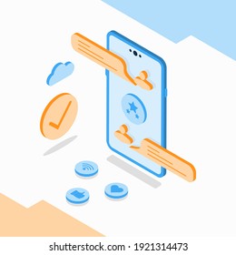 Isometrisches Design sozialer Medien. Vektorgrafik für mobile App, Website.