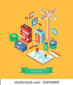 Isometric design style modern vector illustration icons set of traveling on airplane, planning a summer vacation, tourism and journey objects and passenger luggage. Isolated on stylish background.