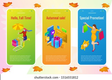 Isometric design templates collection of Autumn Offer Discount Template Elements Banner. Big Autumn Sale. Fall Time Sale Design.